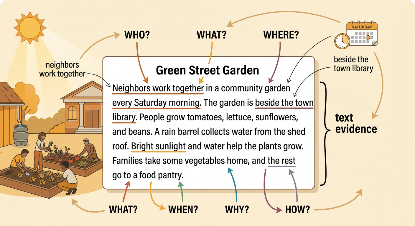 An open garden book shows important phrases highlighted beside small pictures of plants and a rain barrel.