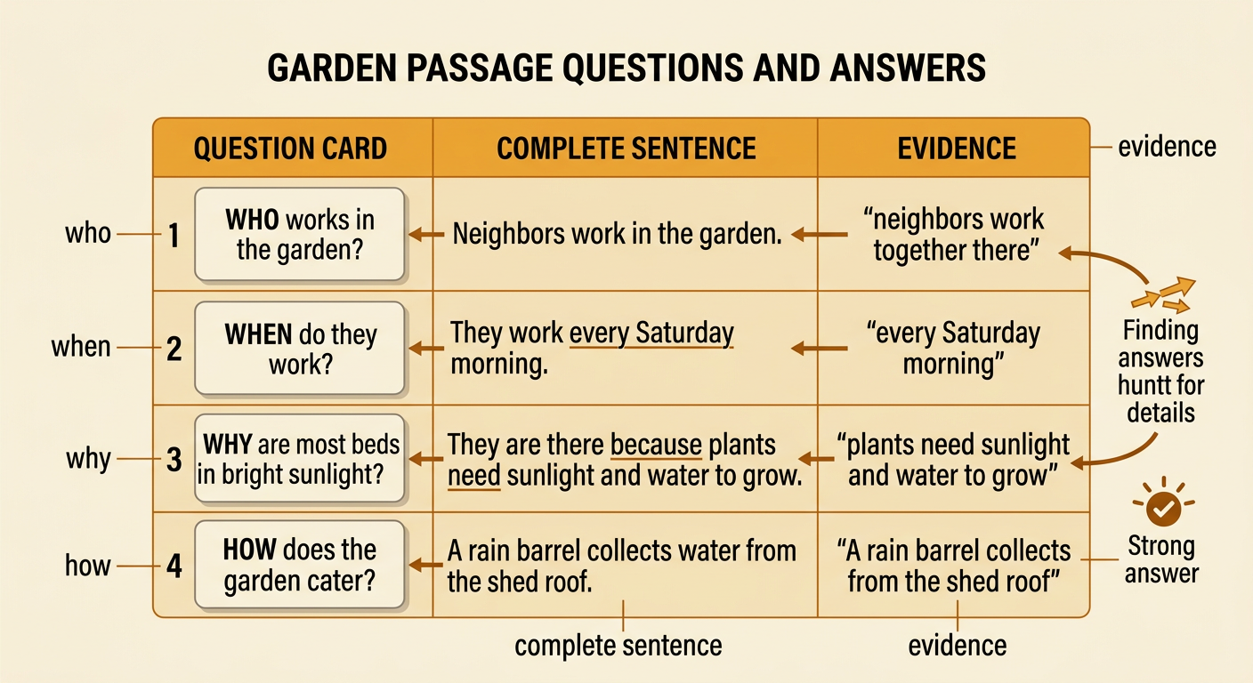A question card connects four question words to complete answers from the garden passage.