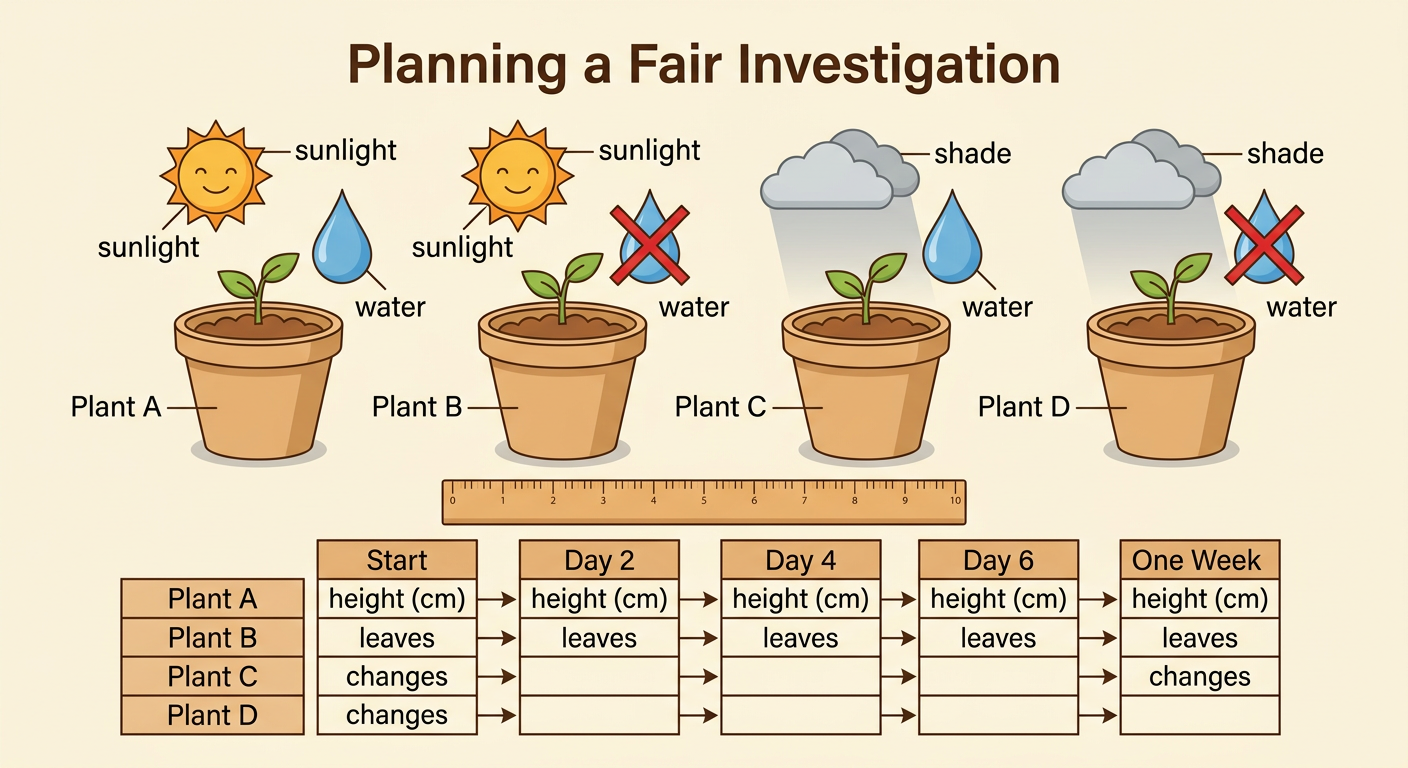 Four matching seedling pots show different combinations of sunlight and water.