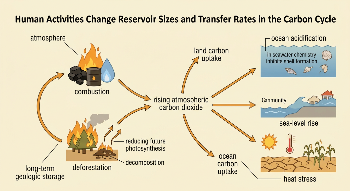 A split landscape shows fossil-fuel burning and deforestation affecting the atmosphere, an acidifying ocean, a coastal shellfish community, and farmland.