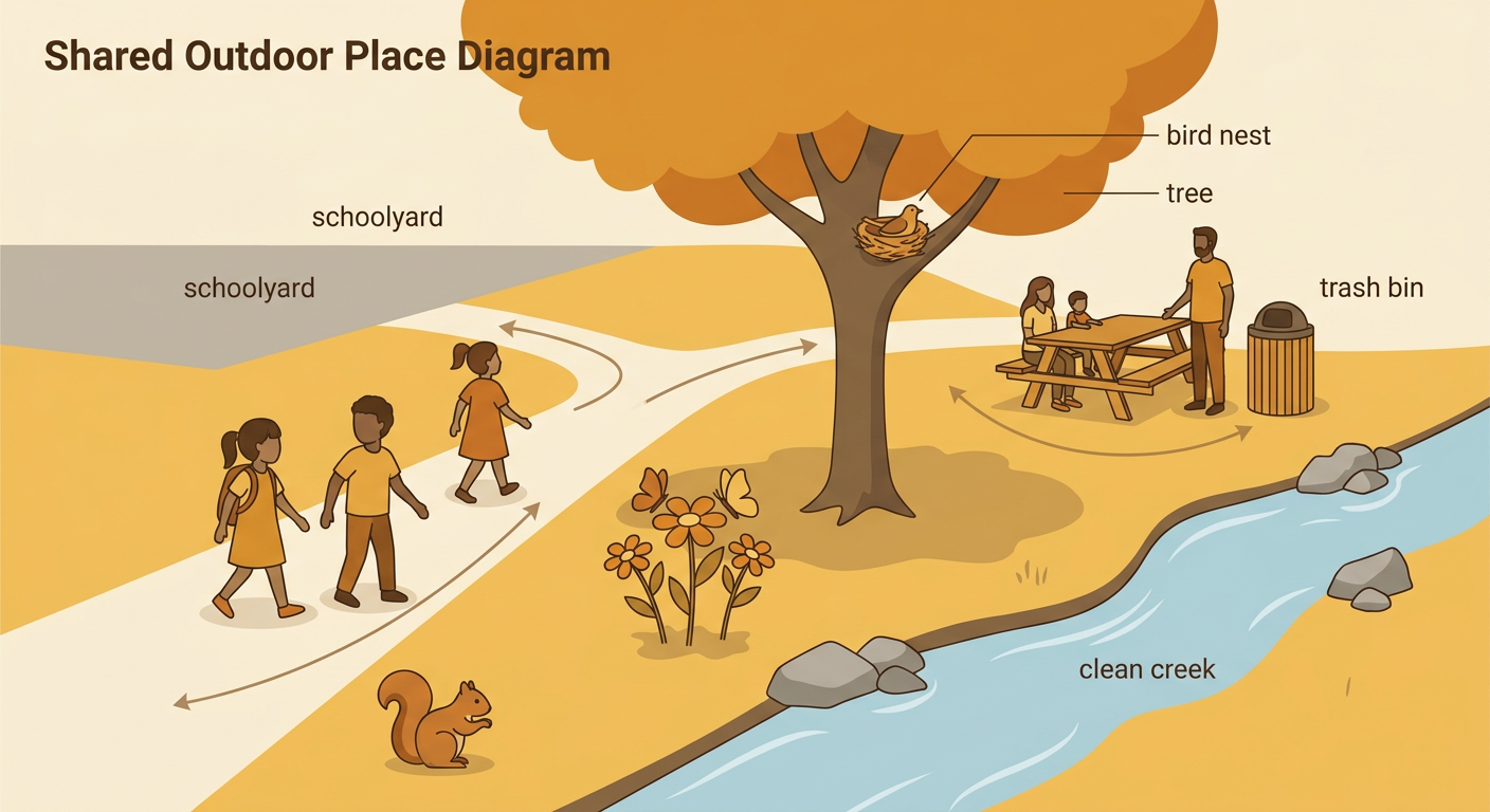 A clean schoolyard shared by children, a bird, and a shady tree, with picnic trash going into a trash bin.