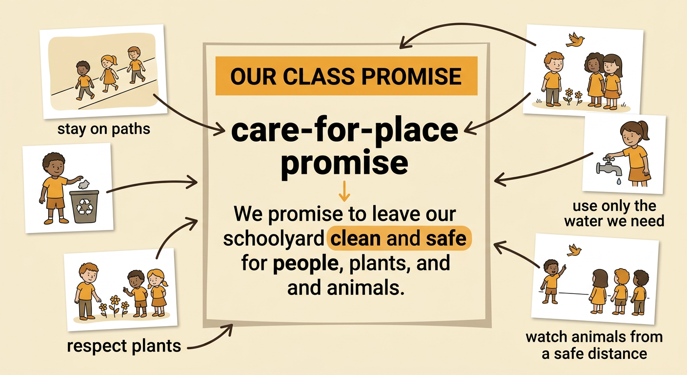 Children display a care-for-place promise showing them staying on paths, respecting plants, and keeping the schoolyard clean and safe.