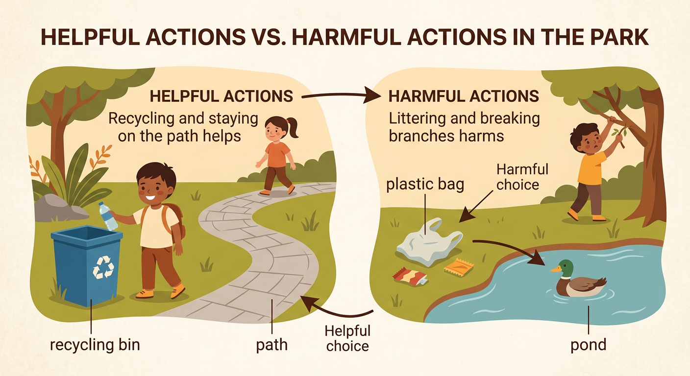 A park scene contrasts a plastic bag blowing toward a pond with a child using a recycling bin and another child staying on a path.