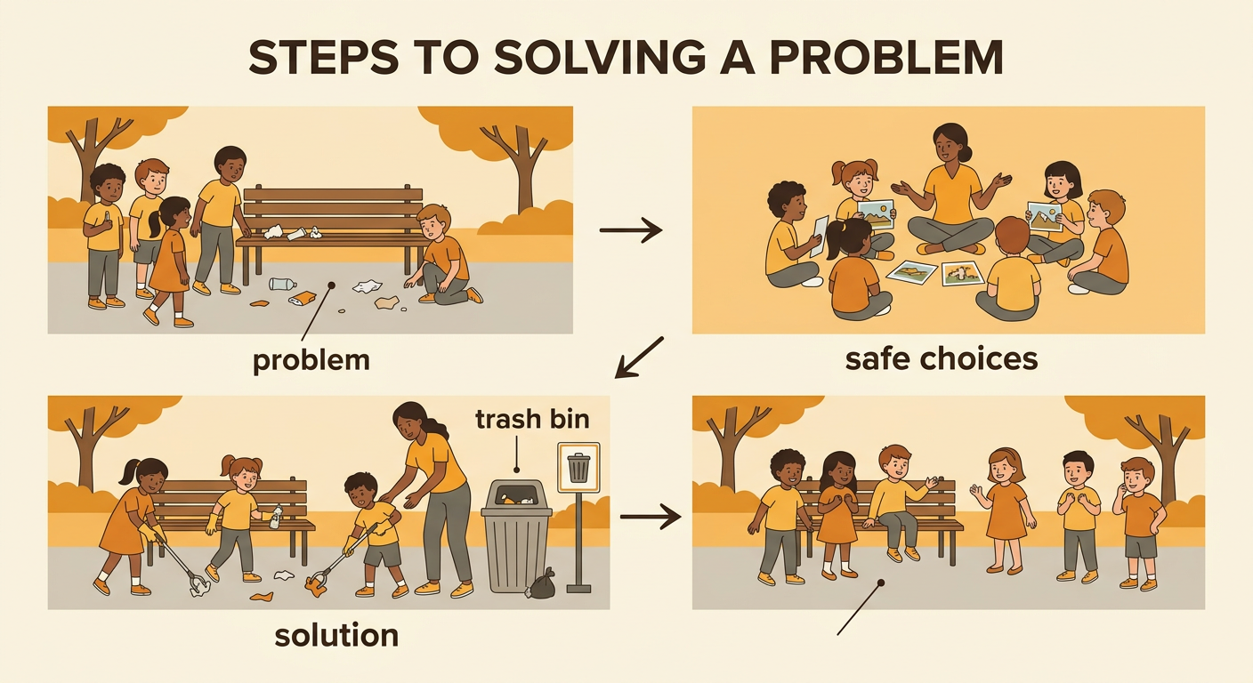 Children and an adult follow safe choices to solve a litter problem near a park bench and trash bin.