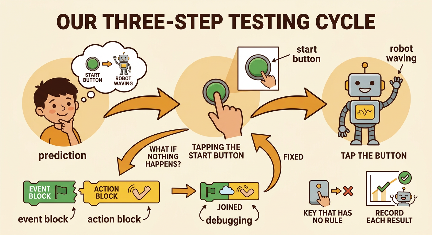 A child tests a robot program, checks the connected blocks, and records the result.