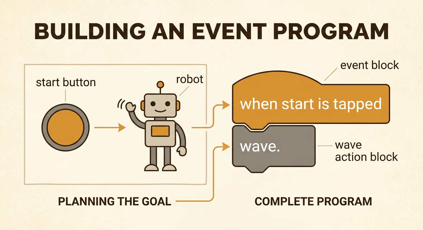 A coding plan shows a start button connected to a robot and two joined coding blocks.