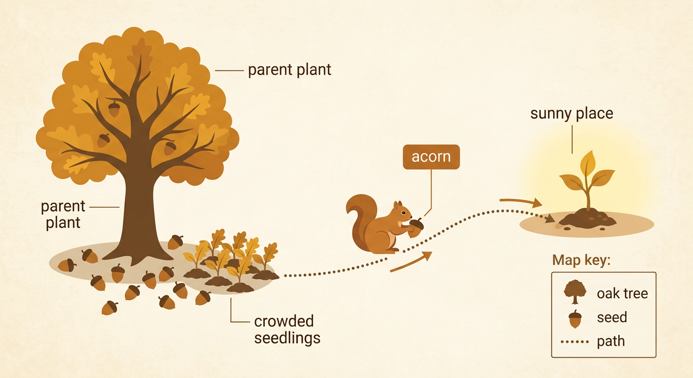 A map-like park scene shows crowded seedlings under a parent tree and a squirrel carrying an acorn to a sunny place.