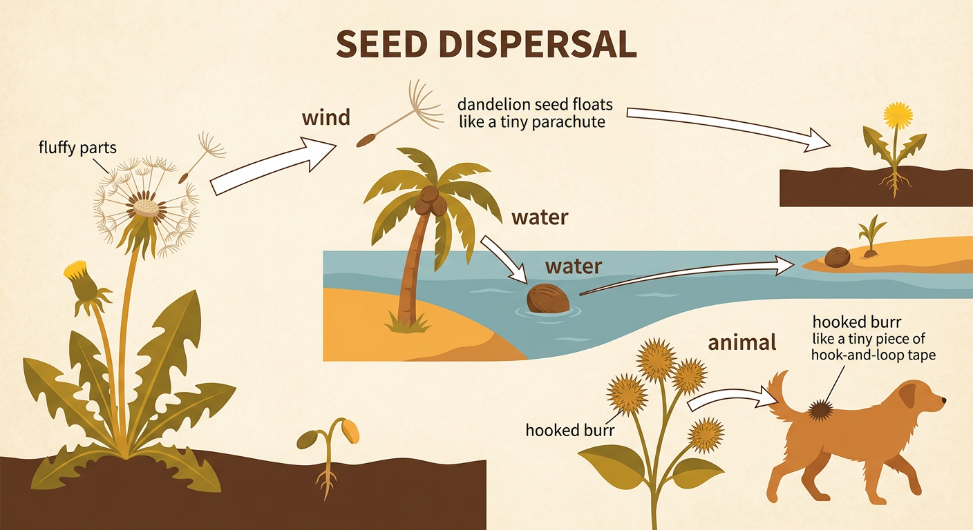 Three paths show a dandelion seed on wind, a coconut on water, and a hooked burr riding on an animal.