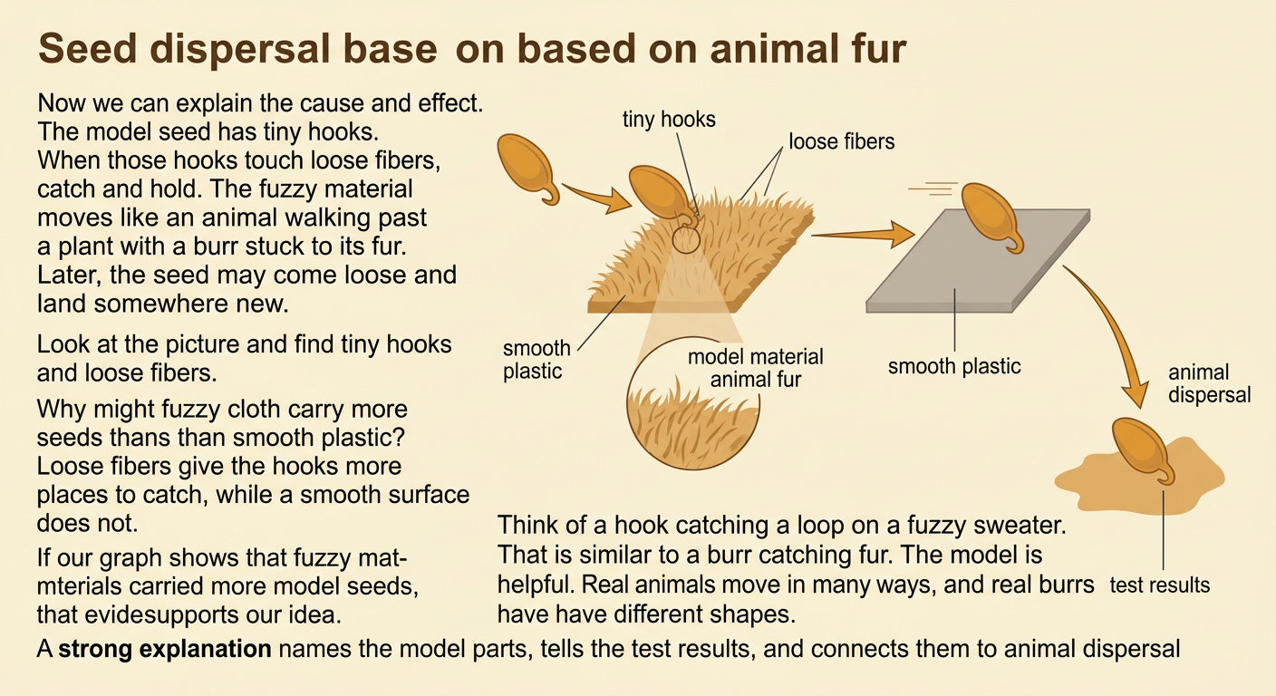 A close-up compares tiny hooks catching loose fibers with hooks sliding off smooth plastic as an animal carries a burr nearby.