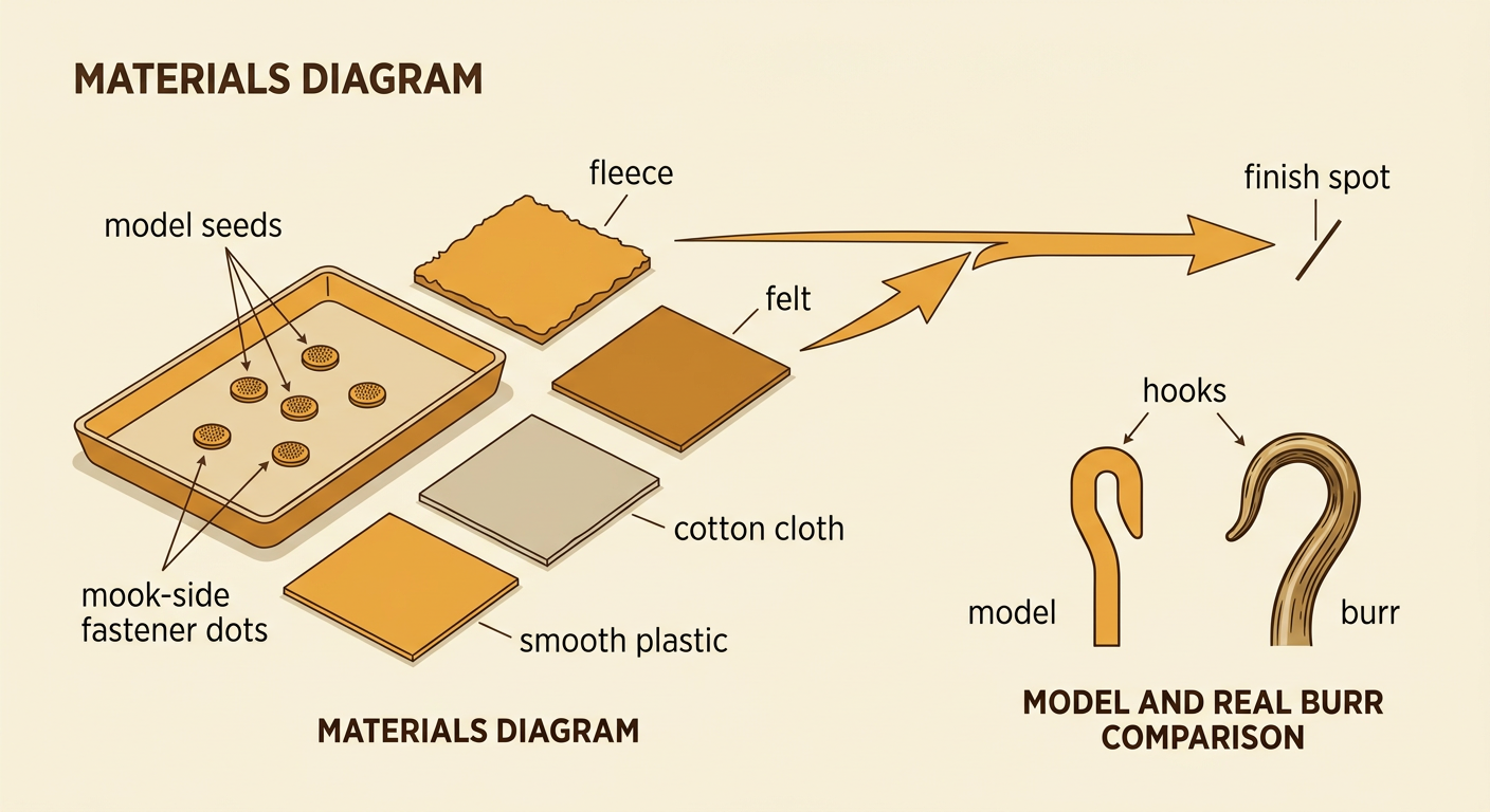 A tray holds five hook-and-loop model seeds beside equal pieces of four materials and a marked finish spot.