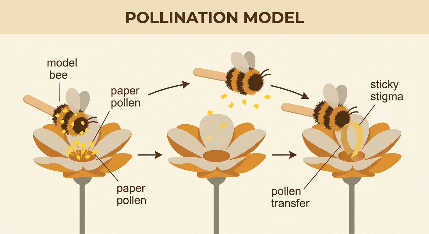 A fuzzy model bee moves yellow paper pollen from one paper flower to the sticky stigma of another.