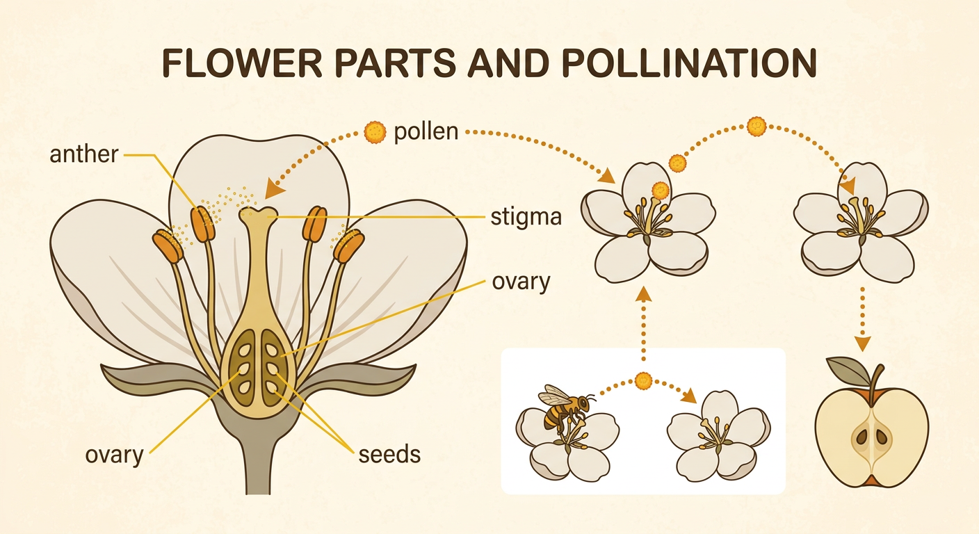 A bee moves pollen between labeled parts of two apple blossoms, with one blossom developing into an apple.