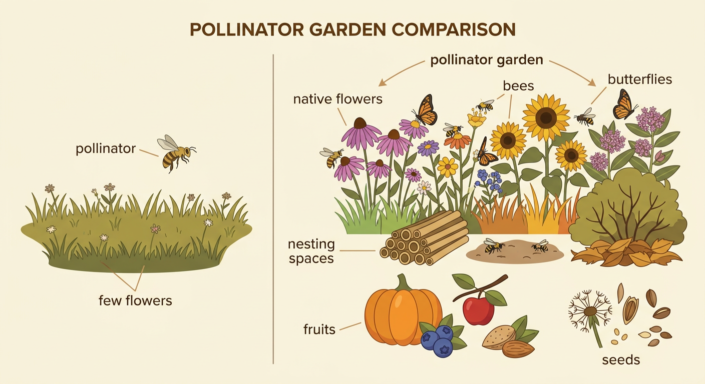 A school pollinator garden provides native flowers and nesting spaces while bees help plants form fruits and seeds.