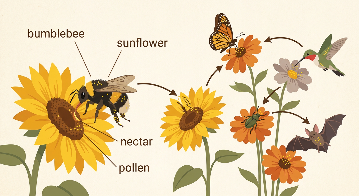 A fuzzy bumblebee carries pollen from one sunflower to another while reaching for nectar.