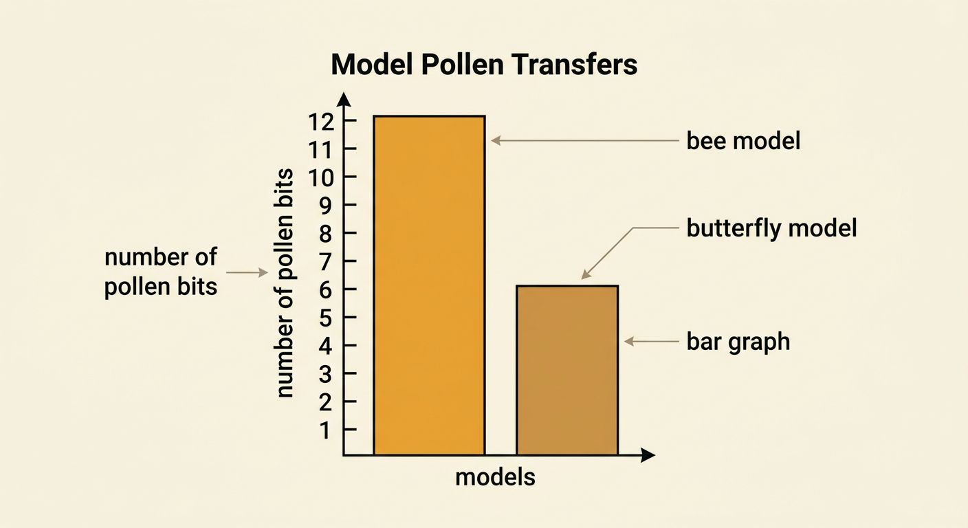 A results table and bar graph compare pollen bits moved by a bee model and a butterfly model.