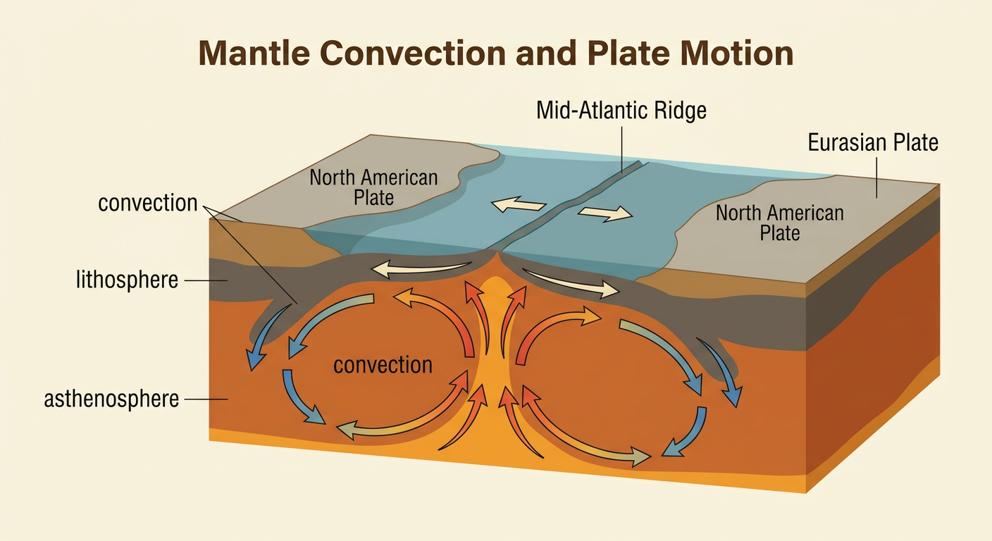 A cutaway diagram of Earth shows mantle convection beneath plates separating at the Mid-Atlantic Ridge.