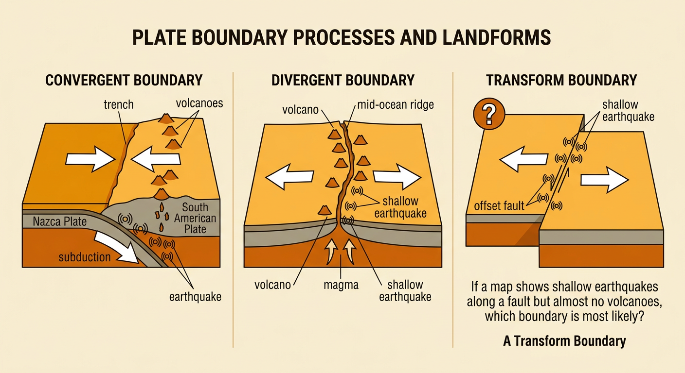 A three-panel cross section compares the motions, landforms, and hazards at convergent, divergent, and transform boundaries.