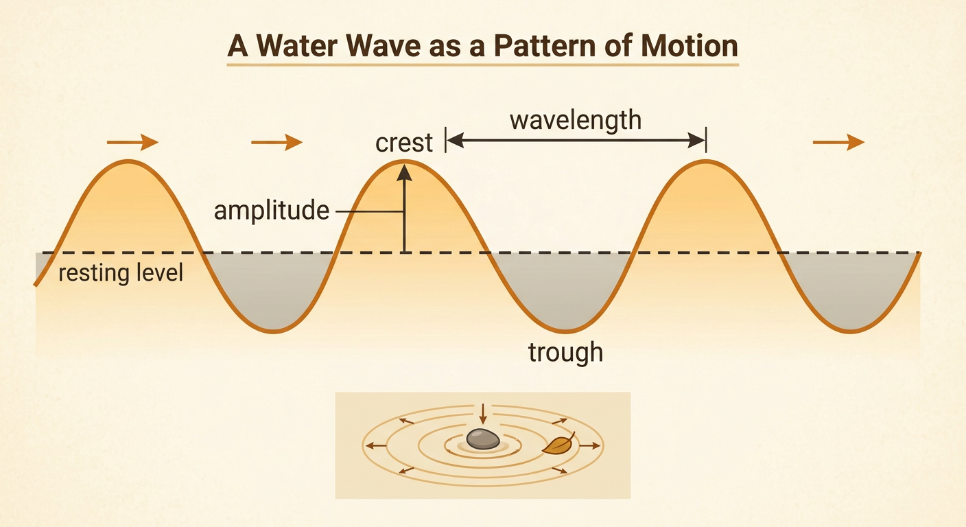 A pond ripple diagram shows water motion and the main parts and measurements of a wave.