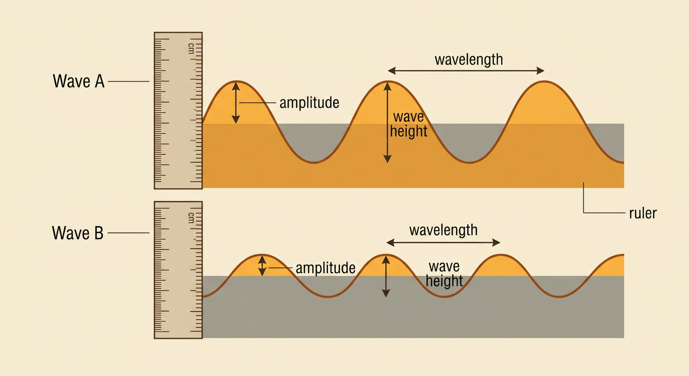 Two measured wave diagrams beside a ruler compare the amplitude, wave height, and wavelength of Wave A and Wave B.