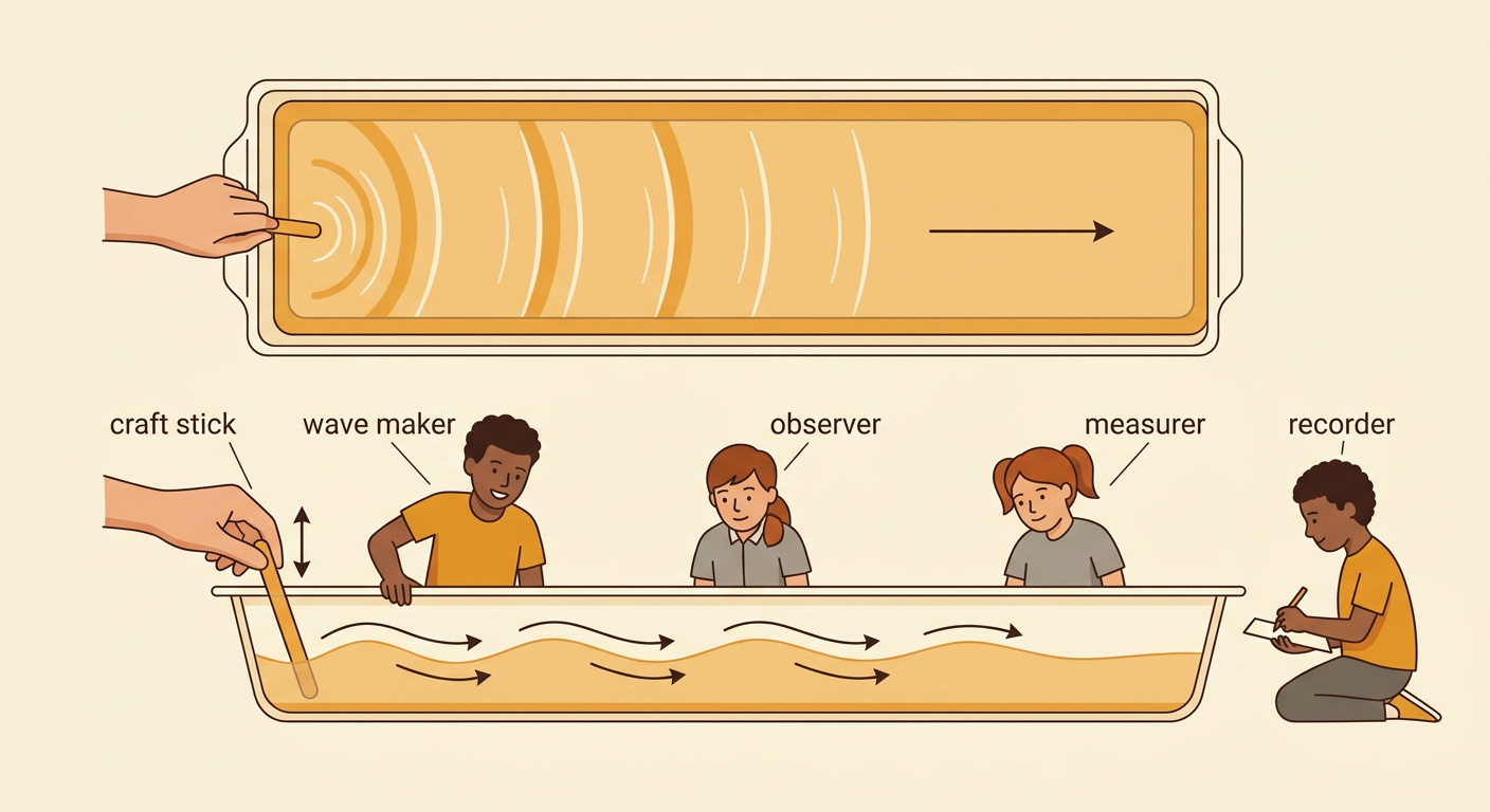 A clear shallow pan shows a craft stick making waves while four group jobs are assigned around it.