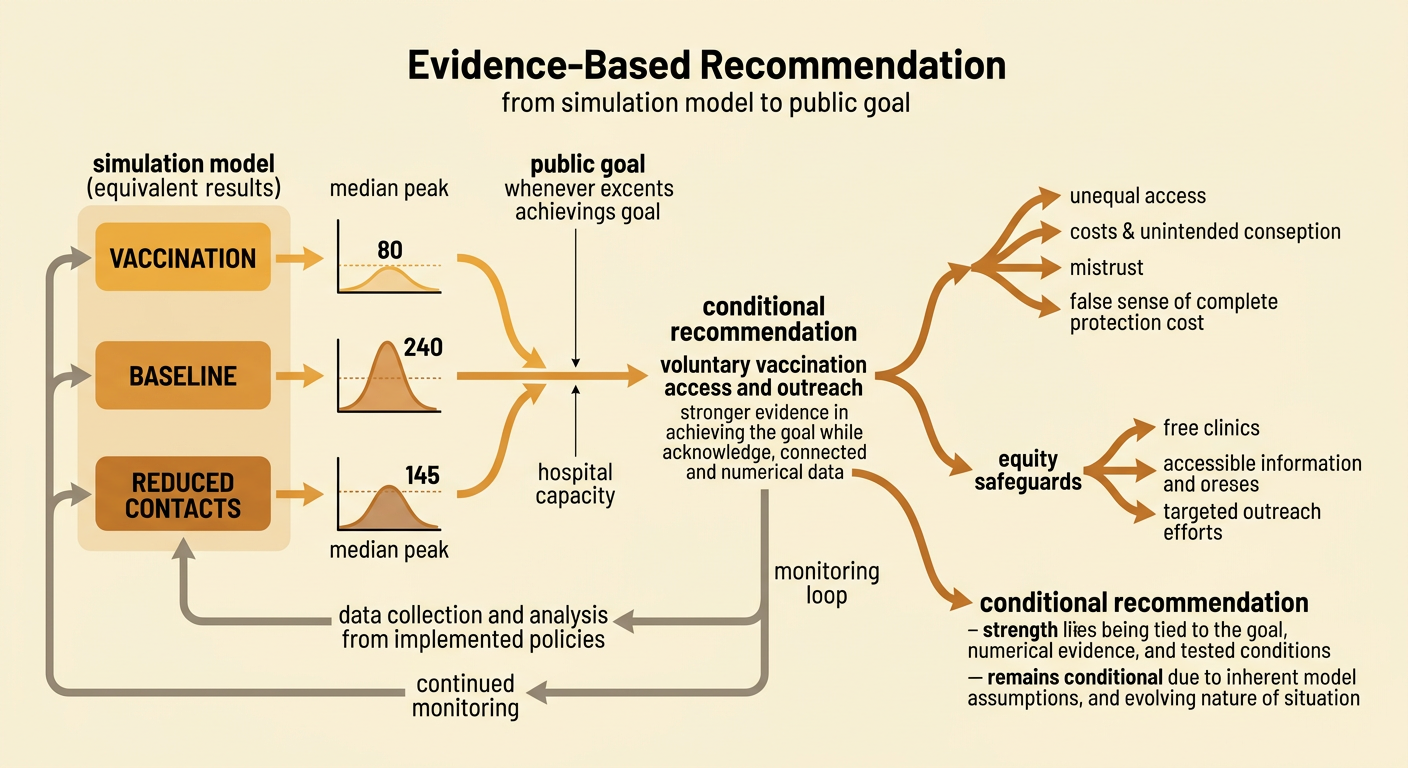 A decision graphic connects scenario peaks to hospital capacity, safeguards, monitoring, and a conditional recommendation.