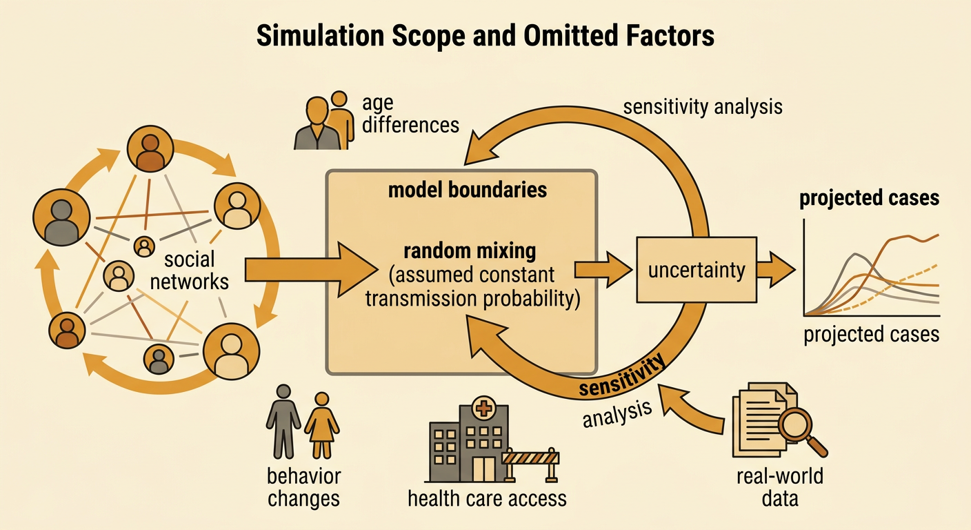 A split image contrasts random mixing in the model with clustered real-world contacts and sensitivity testing.