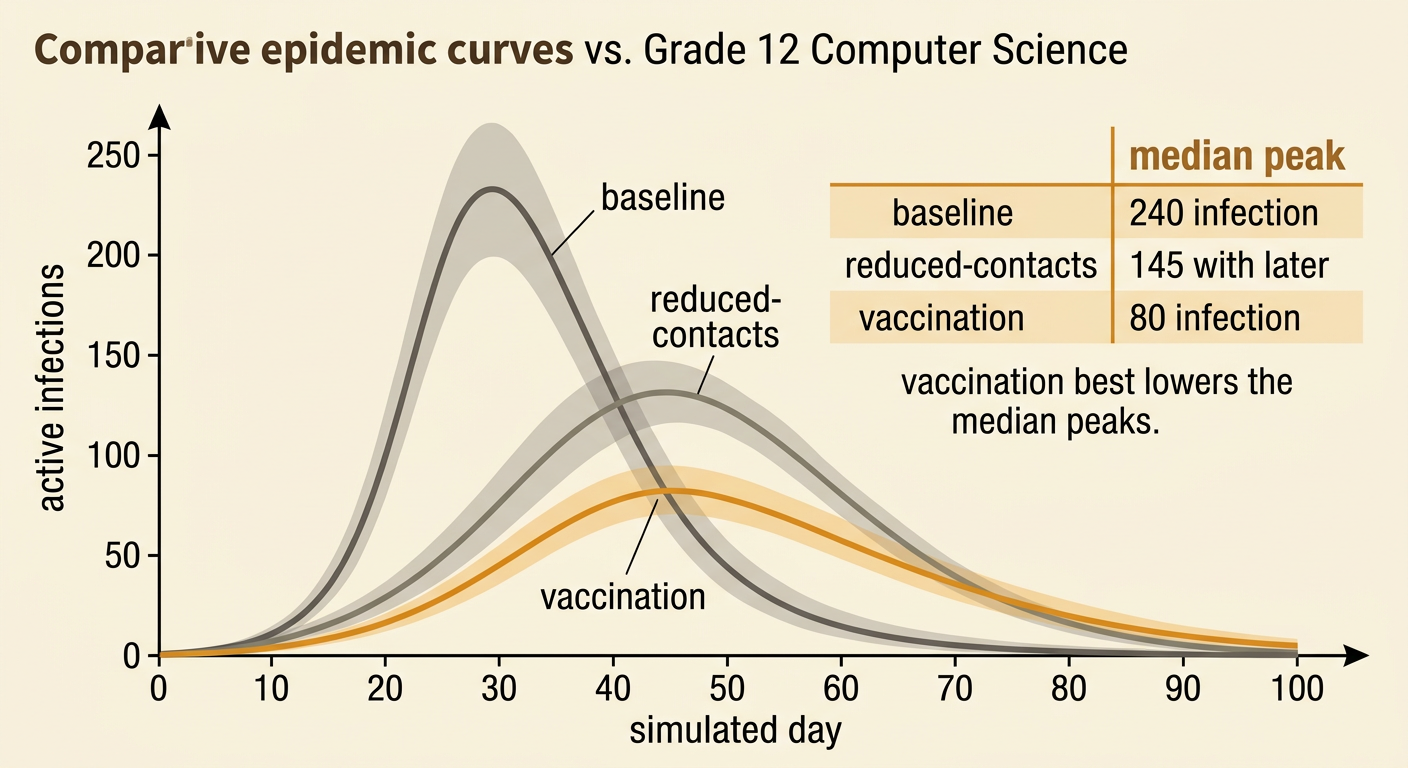 A labeled line graph compares outbreak curves and median peaks for baseline, reduced contacts, and vaccination.