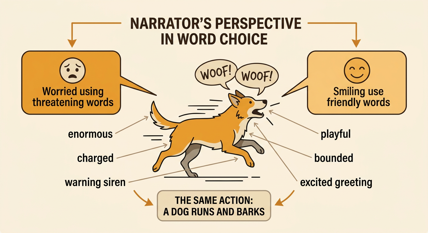 One running dog appears between two observers, with one seeing danger and the other seeing a friendly greeting.