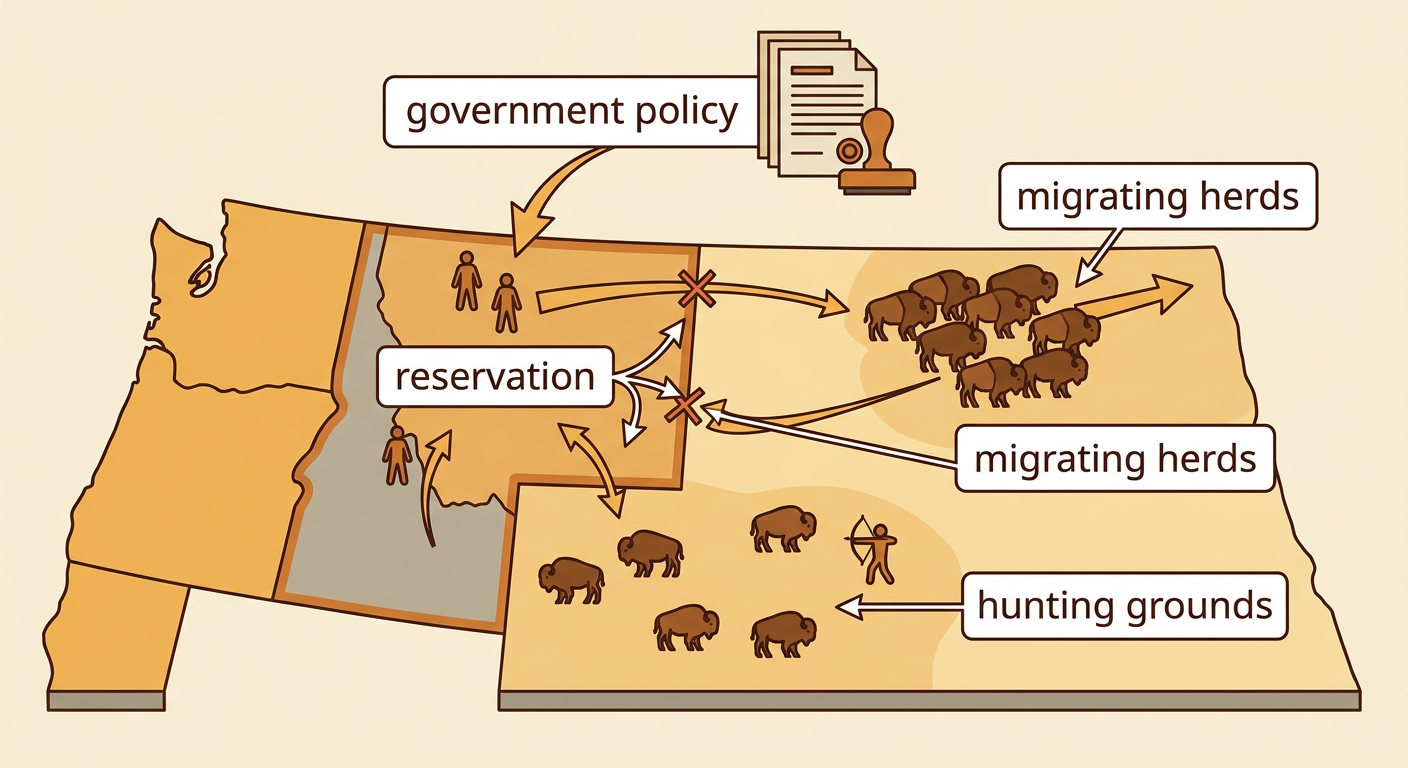 A map shows a reservation boundary separating Native families from hunting grounds and migrating herds.