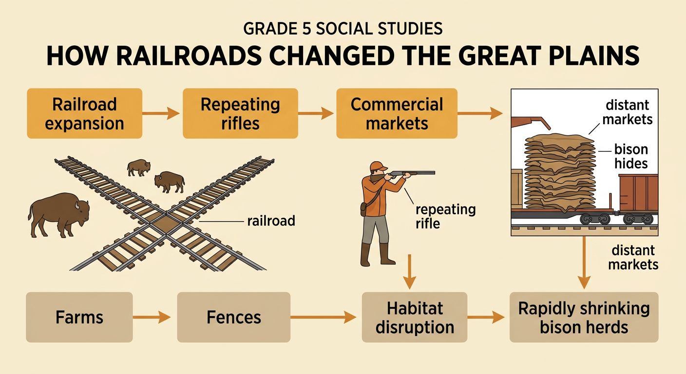 Commercial hunters stack bison hides beside a railroad car while a settler fence crosses the grassland.