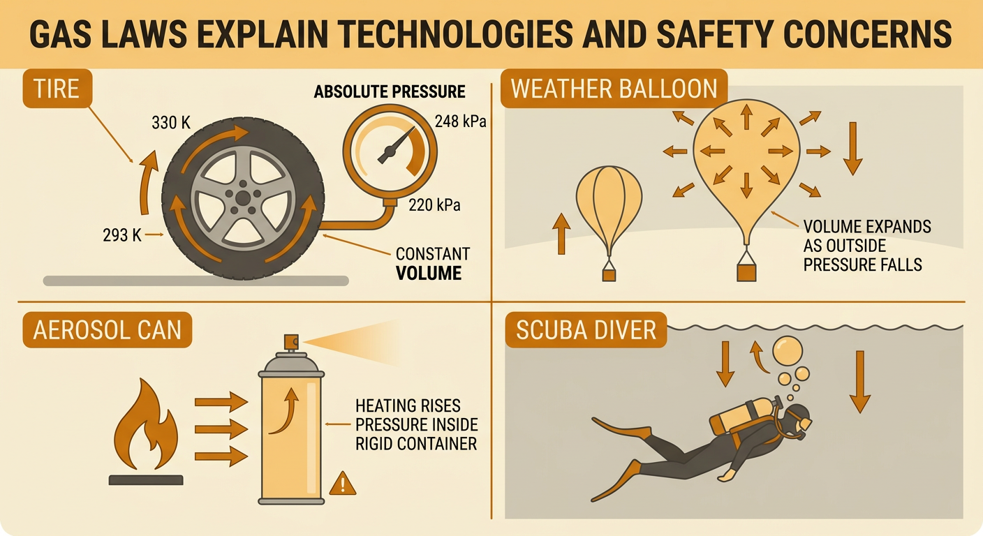 A real-world collage shows a warming tire, a rising weather balloon, a heated aerosol can, and a scuba diver changing depth.