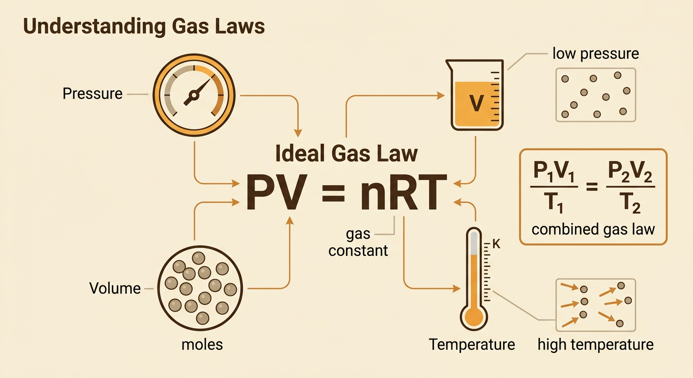 A decision diagram connects a fixed gas sample to the combined gas law and a changing amount to the ideal gas law.