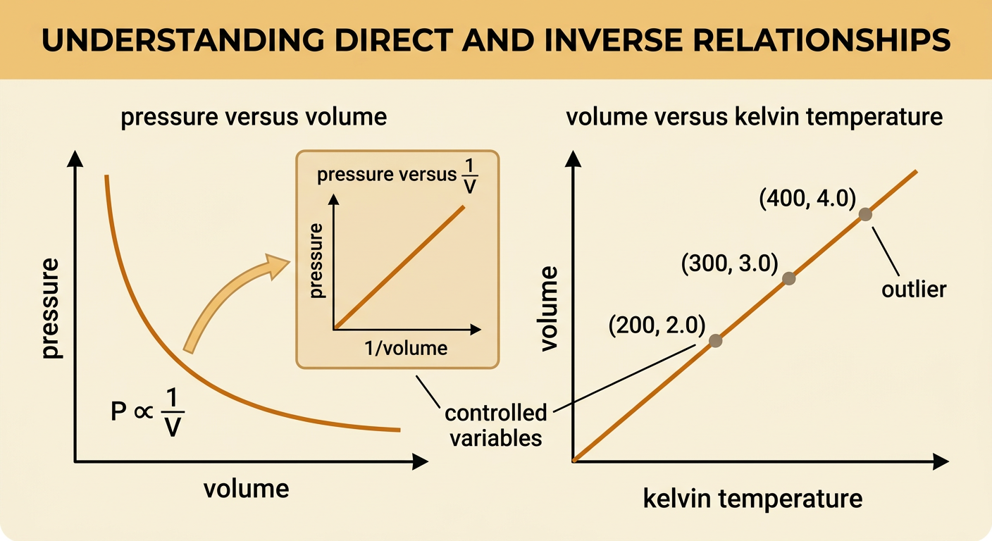 Three gas-law graphs compare a curved inverse relationship, its linearized form, and a direct temperature relationship with one unusual data point.