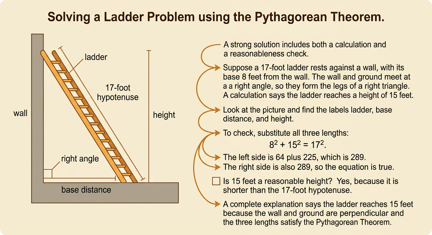 A ladder forms a right triangle with a wall and the ground, showing an 8-foot base, a 15-foot height, and a 17-foot ladder.