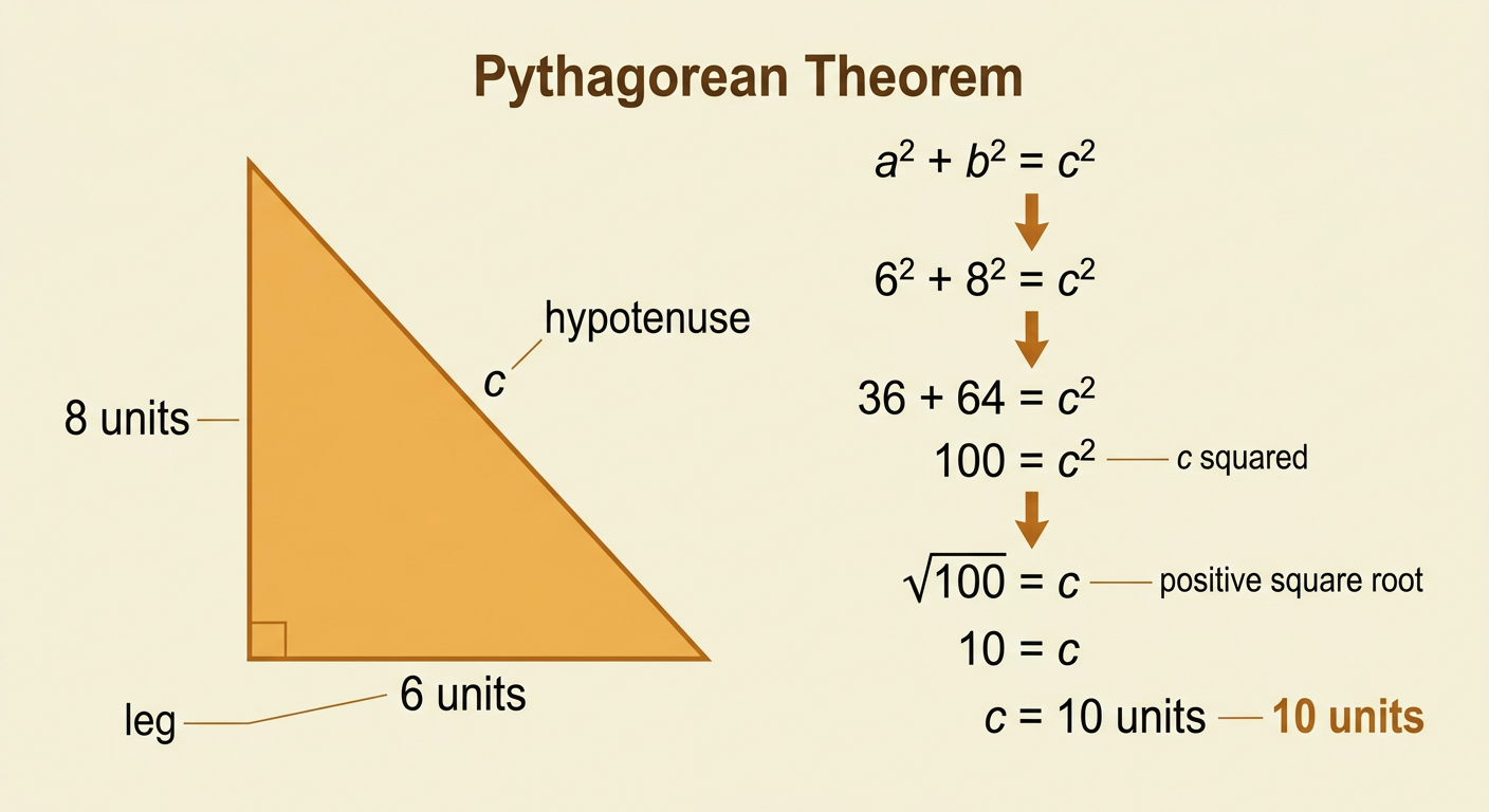 A right triangle with 6-unit and 8-unit legs is shown beside the calculation that produces a 10-unit hypotenuse.