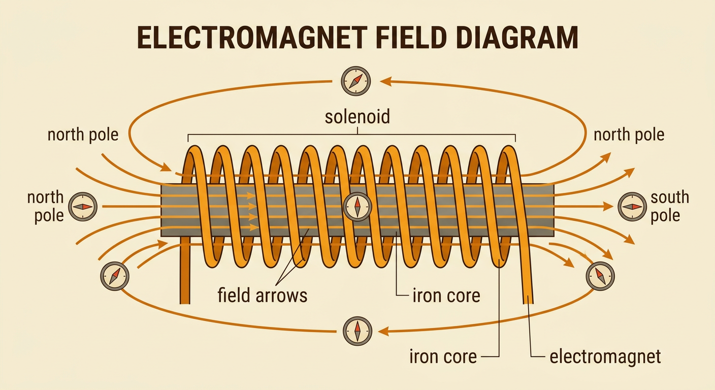 A solenoid with an iron core produces a bar-magnet-like field mapped by small compasses and field arrows.