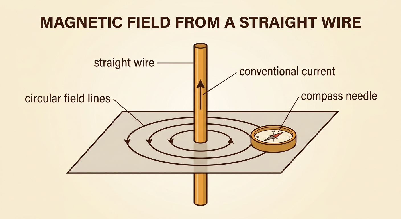A current-carrying straight wire is surrounded by circular magnetic field lines that turn a nearby compass needle.