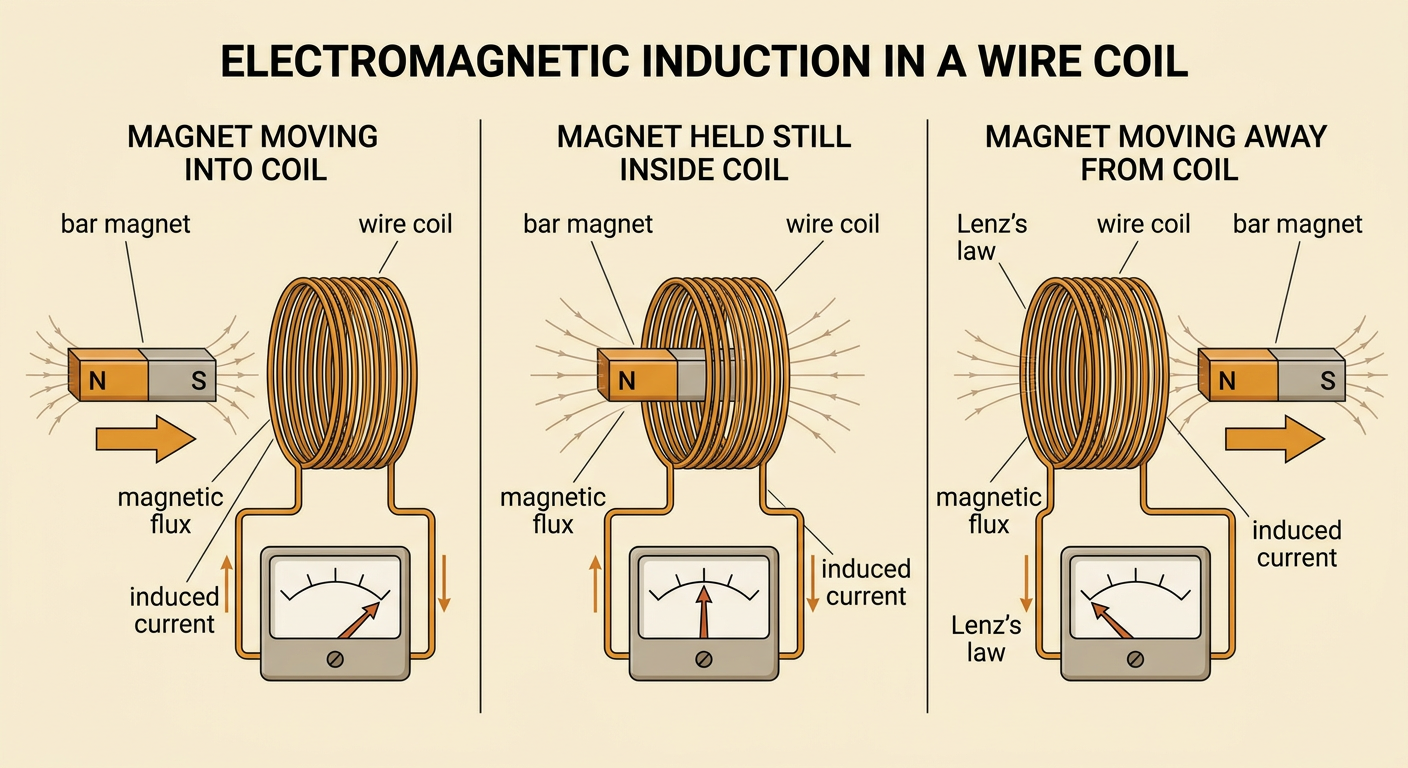 A moving bar magnet enters a wire coil and causes a center-zero meter to deflect through electromagnetic induction.