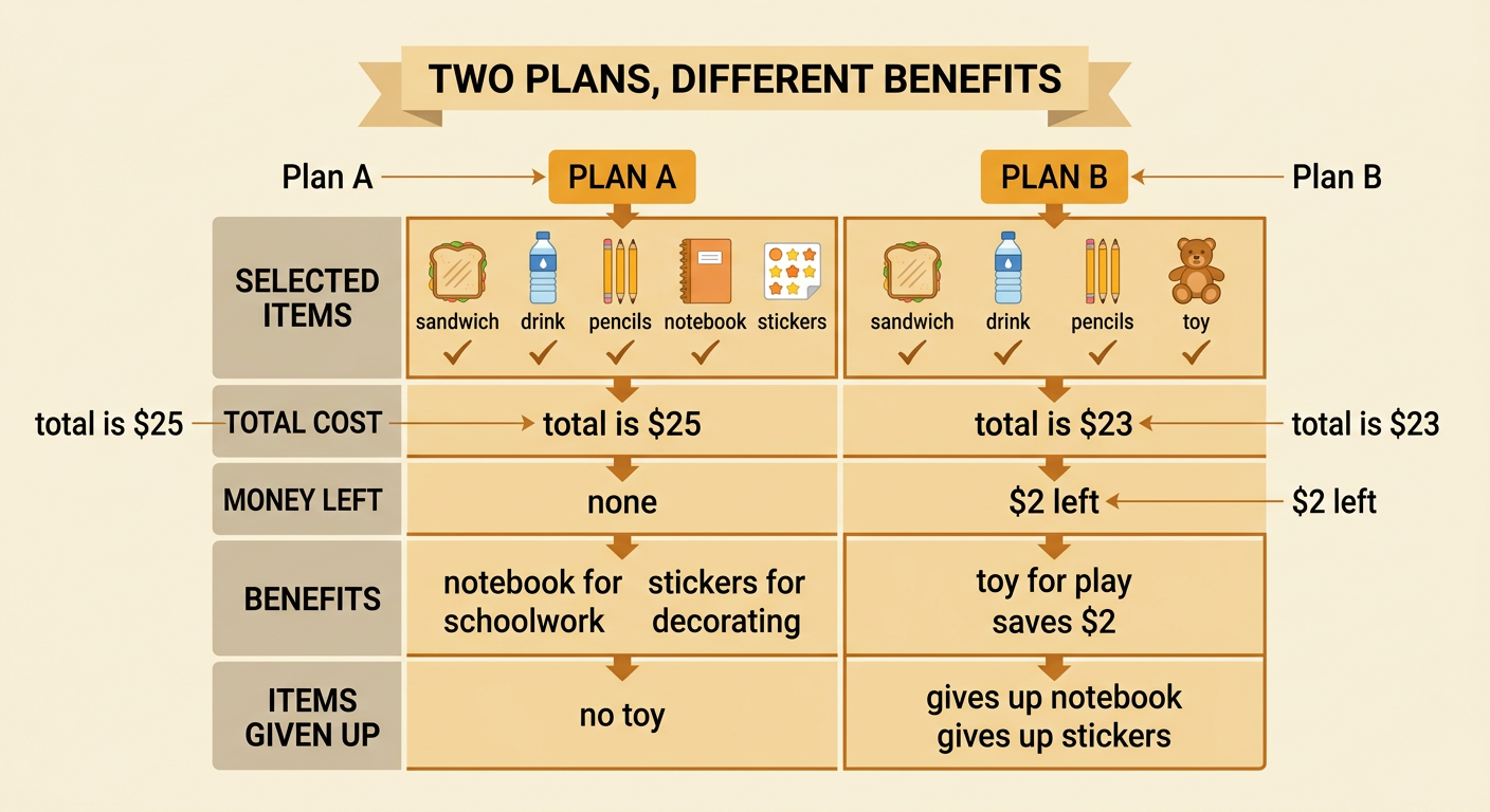 Two shopping plans display different items, totals, benefits, and trade-offs.
