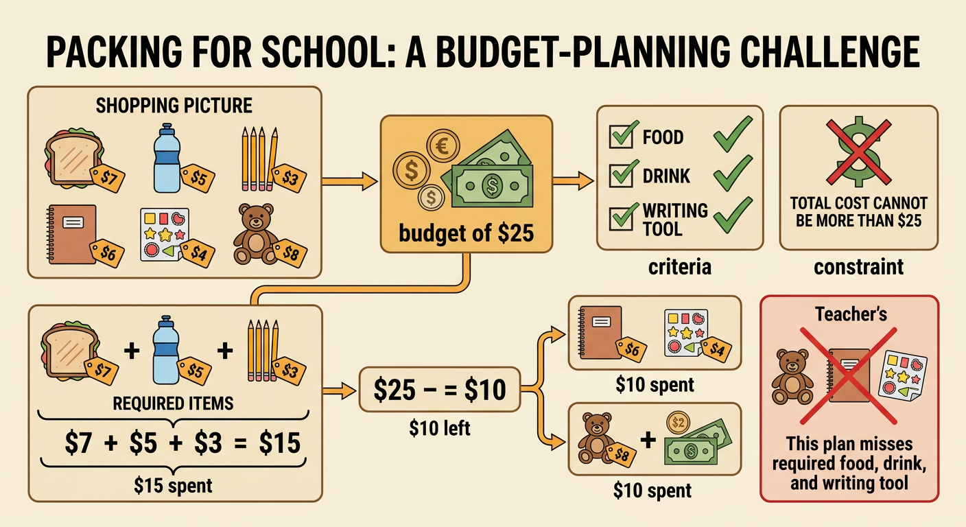 A school-day shopping chart shows required supplies, money spent, and money remaining.