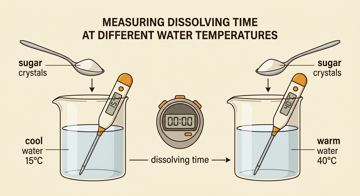 Two identical clear cups show sugar dissolving in cool and warm water while a timer measures the process.