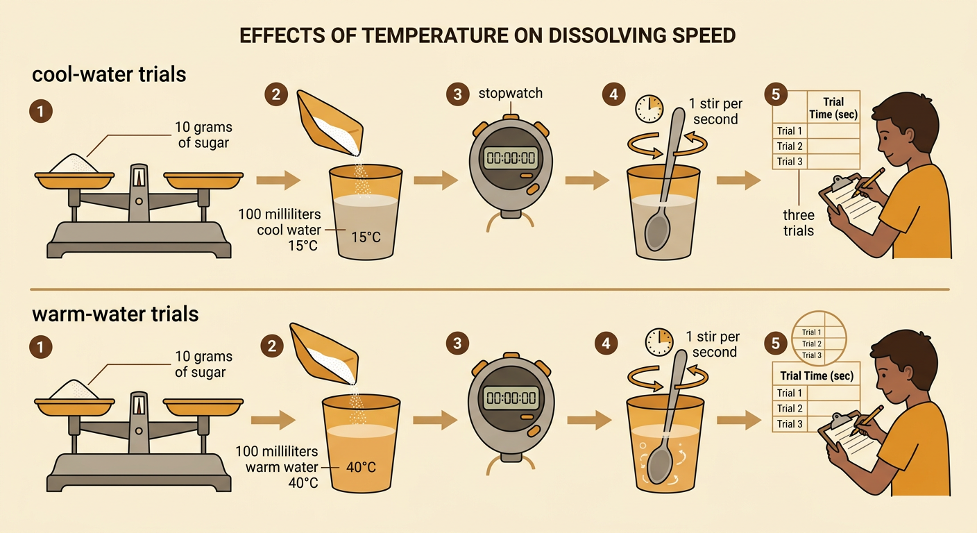 Two students perform matching cool- and warm-water trials using measured sugar, steady stirring, and a stopwatch.