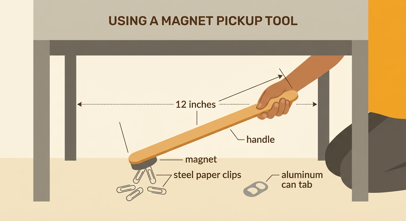 A long-handled magnetic tool reaches under a desk toward spilled steel paper clips beside an aluminum can tab.