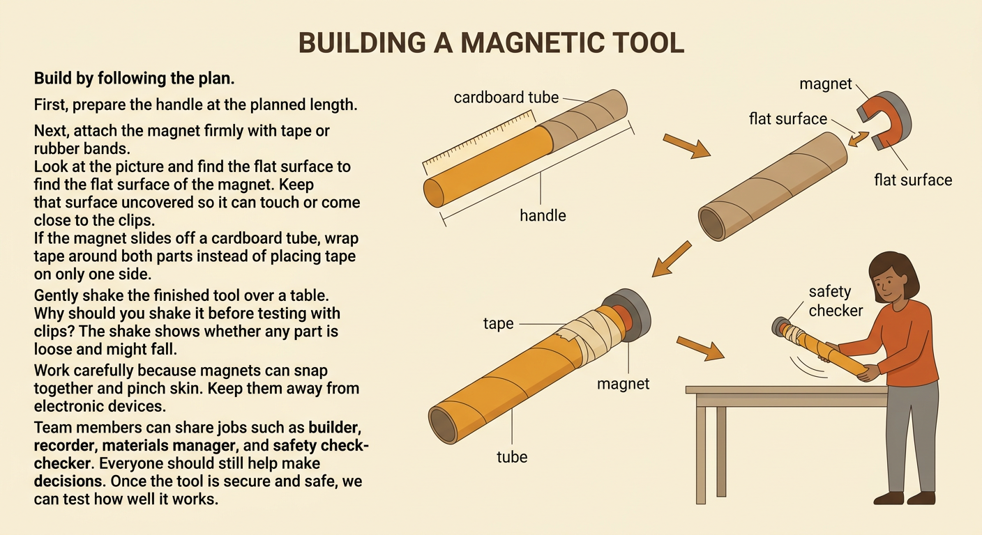 Hands safely assemble a pickup tool by taping a magnet to a cardboard tube while leaving the magnet’s flat surface open.