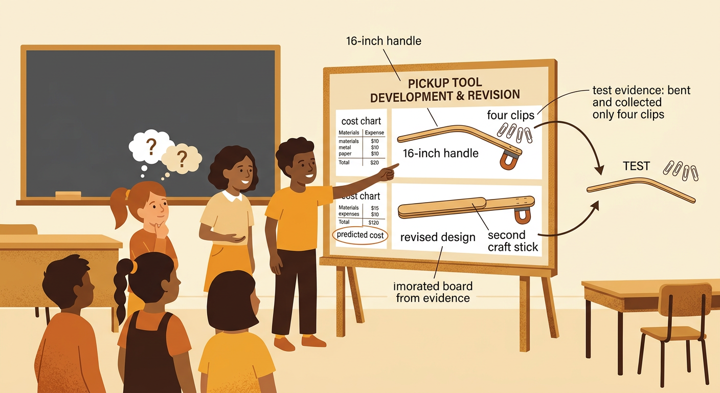 A team presents a bent magnetic tool beside a revised drawing that adds support and predicts better performance.