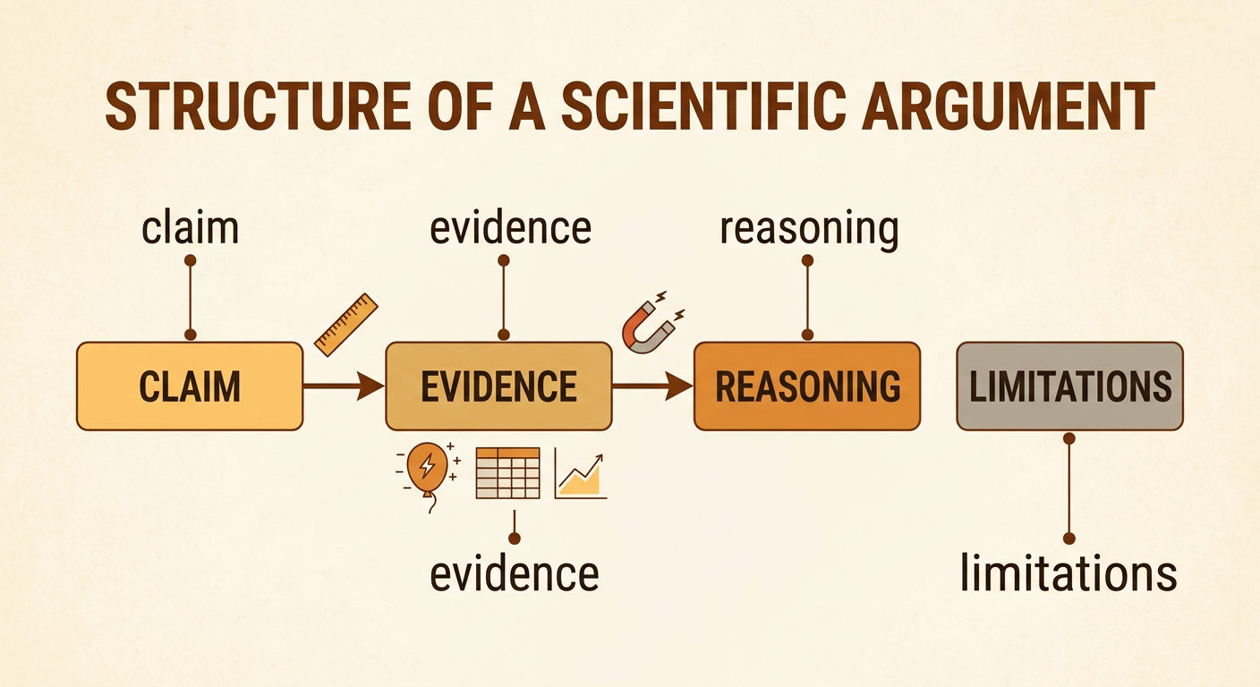 A claim-evidence-reasoning organizer connects magnetic force data to a conclusion and lists possible experimental limitations.