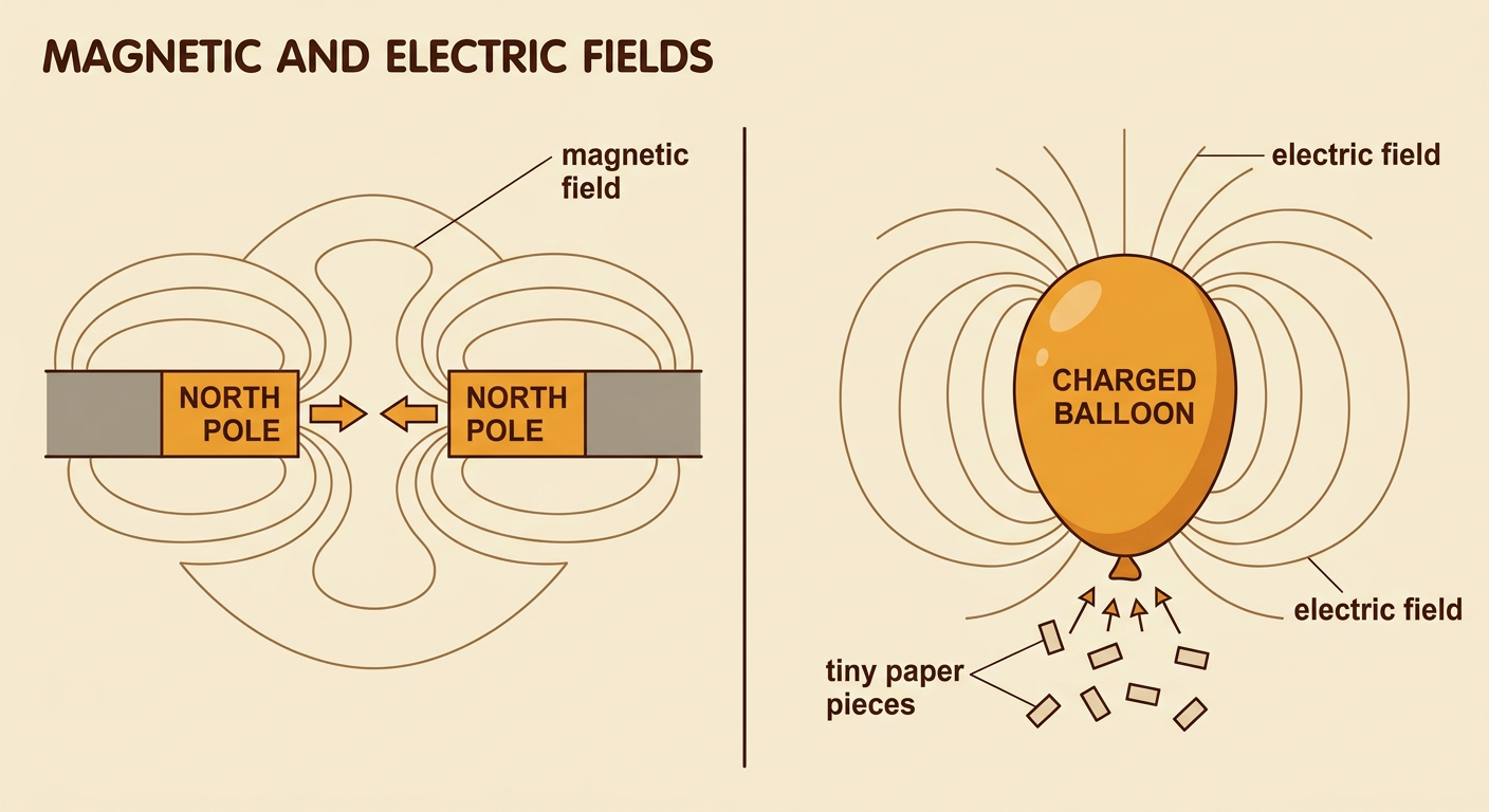 A charged balloon attracts paper while two facing north magnetic poles repel across a gap, with field lines surrounding both systems.