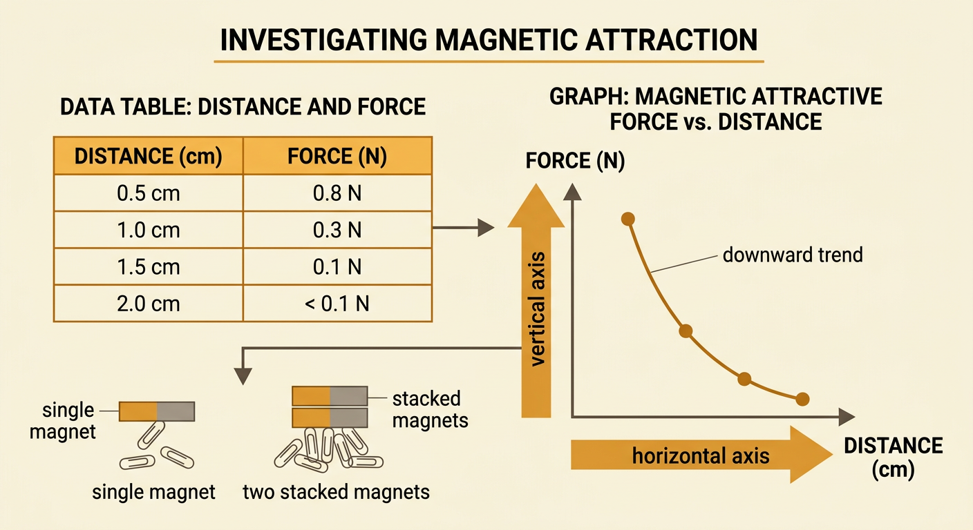 A graph shows magnetic force decreasing with distance beside a comparison of one magnet and stacked magnets lifting paper clips.