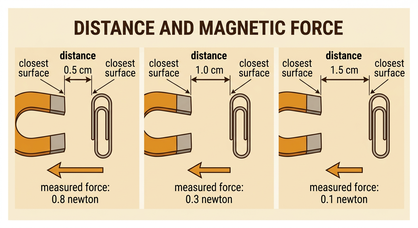 One magnet attracts a paper clip at three measured distances, with weaker force values shown as the gap increases.
