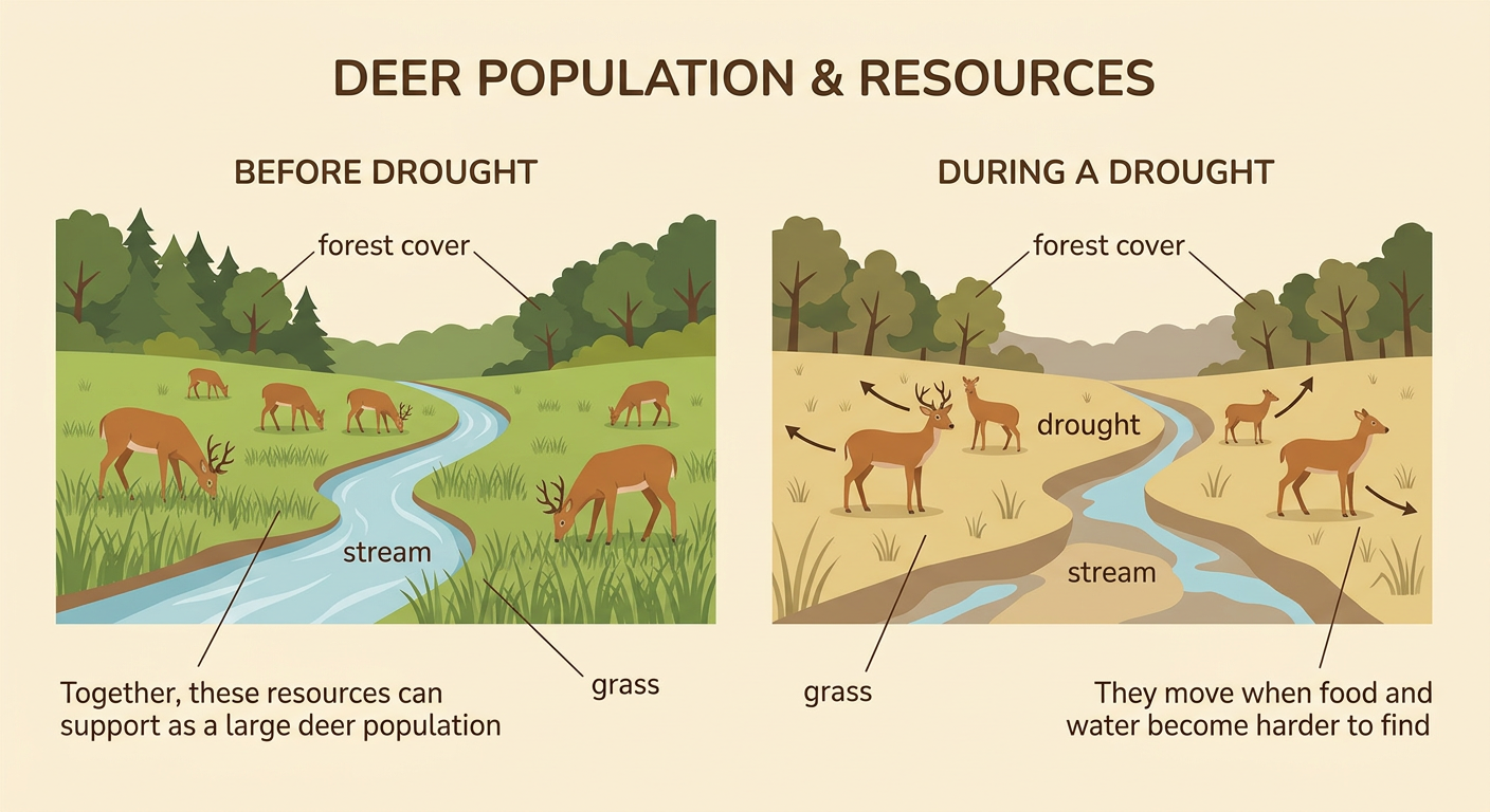 A meadow shows deer near grass, a shrinking stream, and forest cover during a drought.